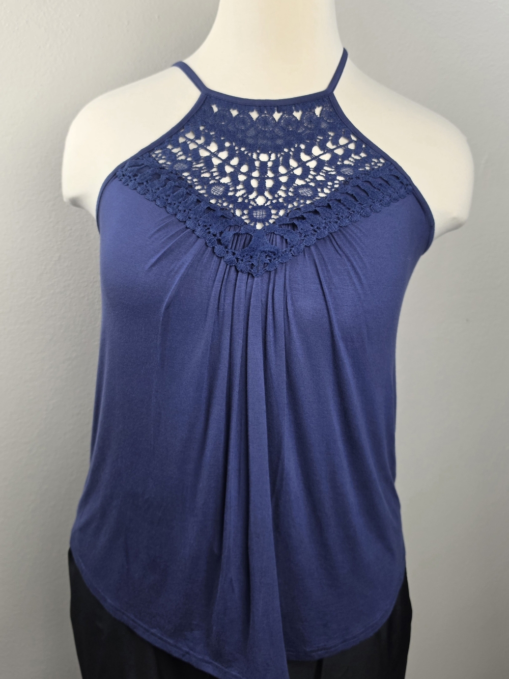 Crochet Yoke Halter Camisole in Navy